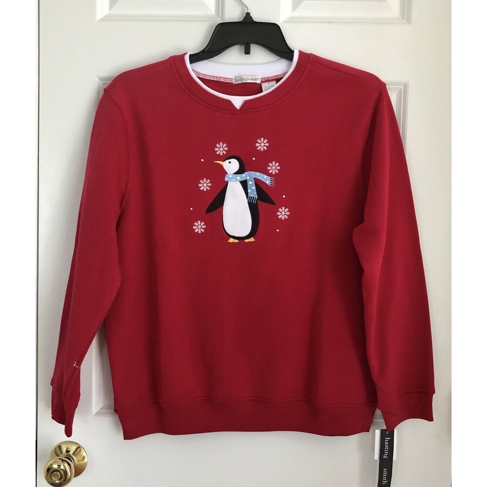 Hasting &Smith Sweatshirt Size Large Red Pullover Ugly Christmas Penguin Design